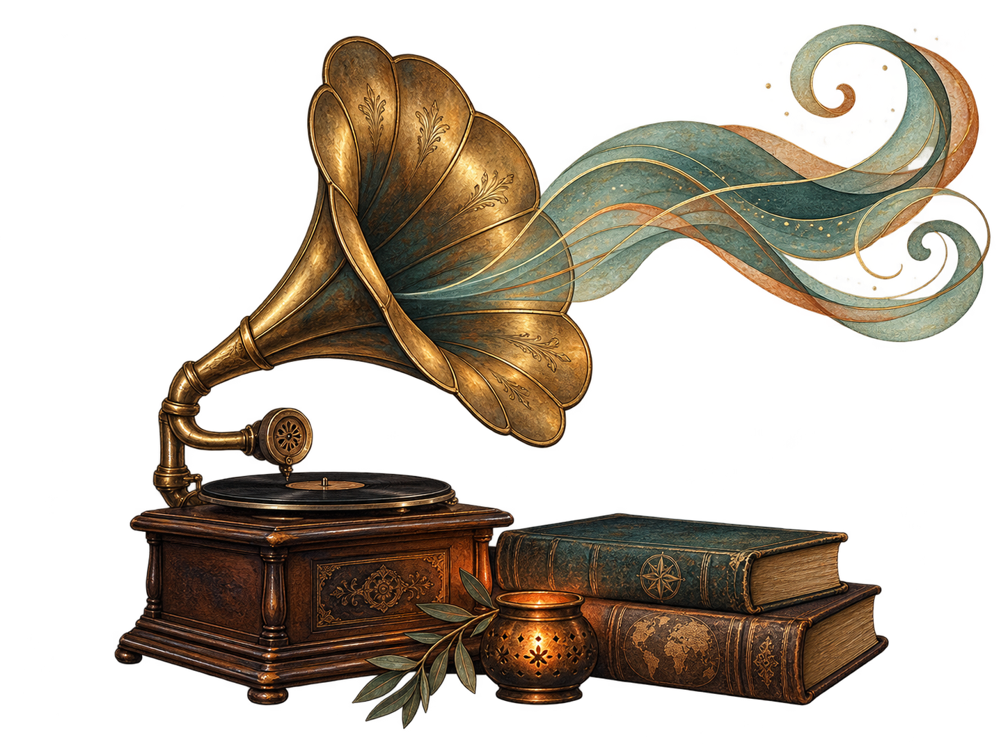Illustration of an antique gramophone, history books and a flowing ribbon of sound