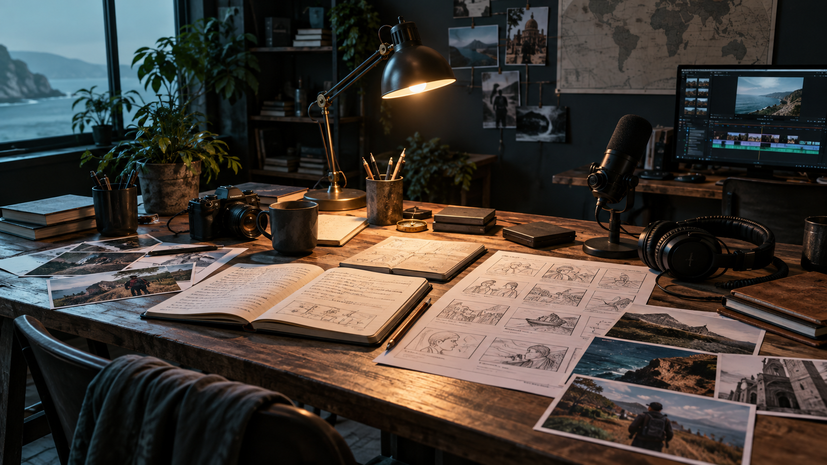 A warmly lit editorial workspace with research notes, storyboards, a microphone, and headphones.